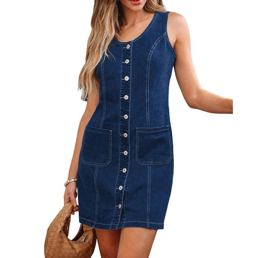 NWT Luvamia Women's Denim Dress Sleeveless Button Down Mini Dress Size‎ L
